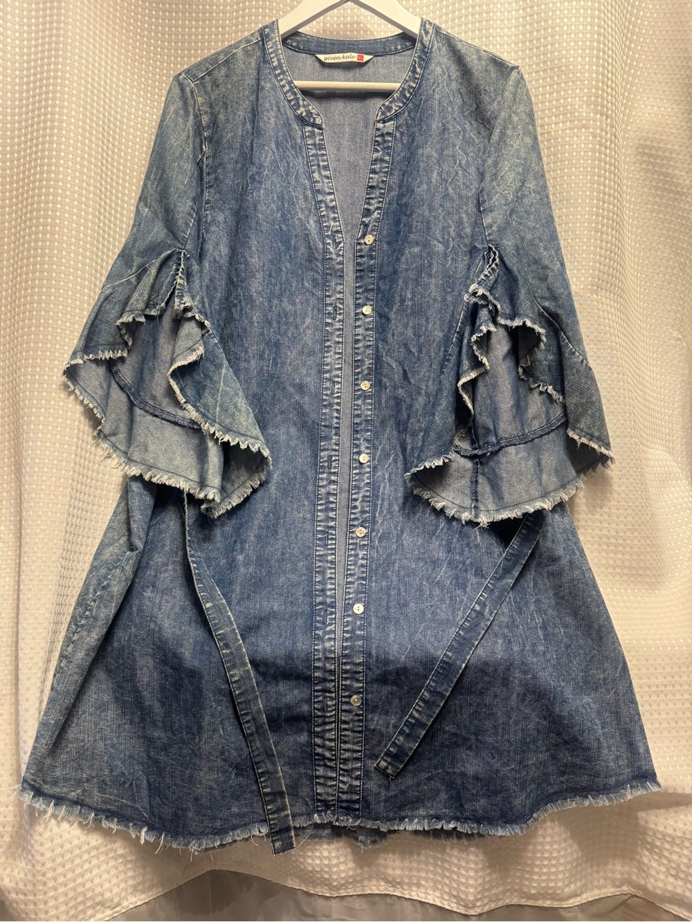 Ruffled Denim Button-Front Dress - Blue